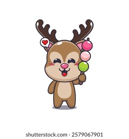 deer mascot cartoon character vector illustration eating dango. 
design element for poster, brochure, web, mascot, sticker, logo and icon.