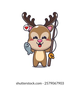 deer mascot cartoon character vector illustration catching fish with fishing rod.
design element for poster, brochure, web, mascot, sticker, logo and icon.