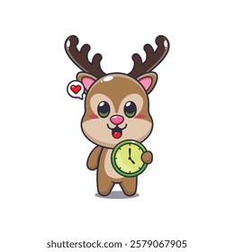 deer mascot cartoon character vector illustration with clock. 
Design element for poster, brochure, web, mascot, sticker, logo and icon.