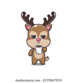 deer mascot cartoon character vector illustration is tired and sleepy holding coffee. 
design element for poster, brochure, web, mascot, sticker, logo and icon.