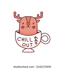 Deer mascot inside a cup of coffee, illustration for t-shirt, street wear, sticker, or apparel merchandise. With doodle, retro, and cartoon style.