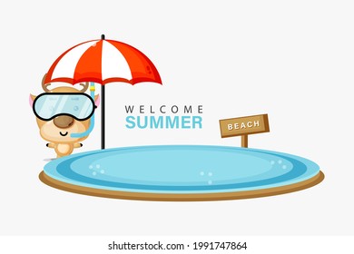 Deer mascot swimming on the beach in summer
