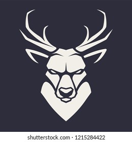 Deer mascot vector art. Frontal symmetric image of deer looking dangerous. Vector monochrome icon.