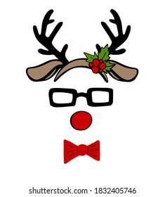 Deer mask in cartoon cute style on white background. Merry christmas reindeer party photo booth props. Holiday costume vector illustration. Isolated vector clown animal cartoon.