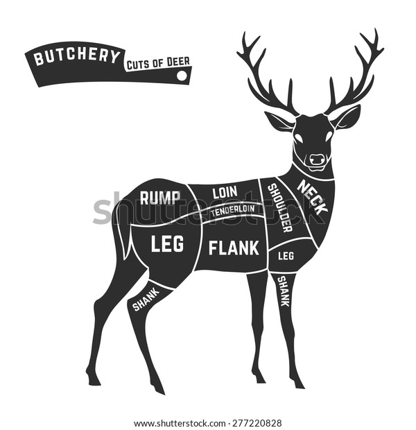鹿肉はエレメントや名前で切れる 白い背景に黒 肉屋 ベクターイラスト のベクター画像素材 ロイヤリティフリー
