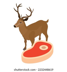Hirschfleisch-Icon isometrische Vektorgrafik. Fleisch-Tenderloin mit Knochen- und Hirschsymbol. Thema Lebensmittel