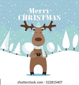 Deer. Merry Christmas postcard.