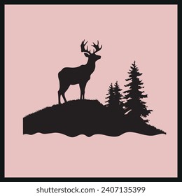Deer in the Mist Black Silhouette Clip art, Deer Silhouette, Vector Illustration, Artwork