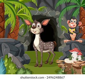 A deer and monkey in a forest