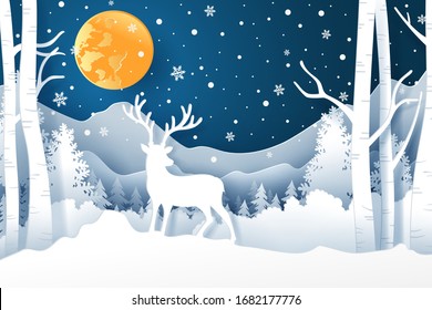 Deer with moon in forest and snow in the winter season. Background of landscape paper art style and Christmas day concept, eps 10 vector.