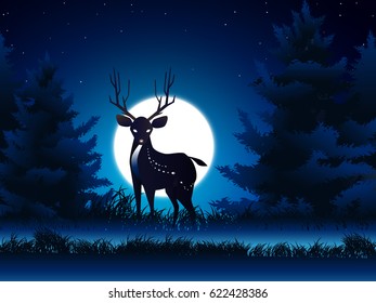 deer and moon and grass in pine wood