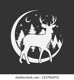 Deer Moon Illustration Clip Art Design Shape. Animal Night Stars Silhouette Icon Vector.