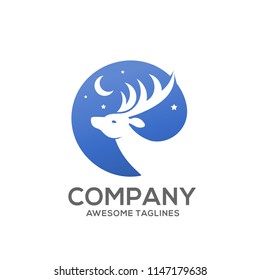 deer with moon and night blue background logo concept