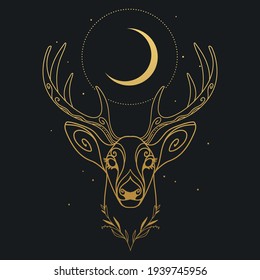 Deer and Moon on black background. Vector illustration