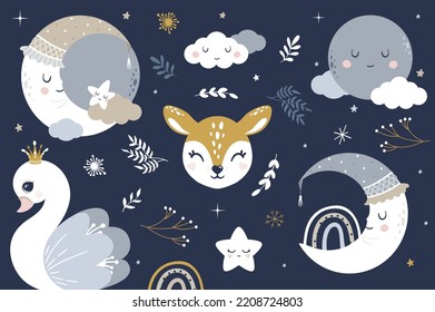 Deer moon swan kids room decor cute portrait poster logo kids room decor t-shirt design print nursery rainbow eyes nose little sweet art room decor wall design abstract inspiration sketch nature cloud