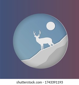 Deer in the moonlight. Deer in snowy forest. Merry Christmas Greeting card. Origami snowy winter season.Vector illustration