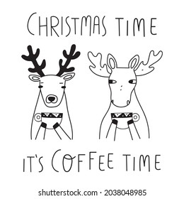 Deer and moose drink coffee. Christmas time it's coffee time. Outline vector illustration on white background.