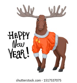 Deer or moose in fur coat. Happy new year hand lettering inscription. Cute animal character. Winter holidays clipart. Greeting card, poster. Cartoon vector illustration isolated on white background