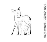 Deer Mother and Fawn Line Art, Classic Animation Style, Cute Animal Family Illustration