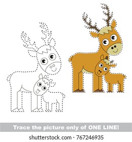 Deer mother and her infant to be traced only of one line, the tracing educational game to preschool kids with easy game level, the colorful and colorless version.