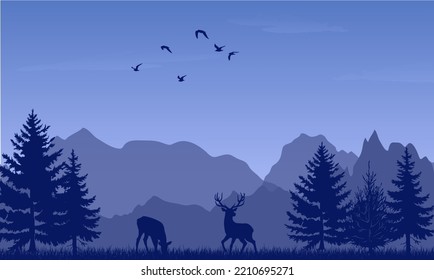 Deer, Mountain, Forest background, blue, nature, landscape. Pine, birds, spruce, christmas tree. Fog evergreen coniferous trees. Silhouette vector