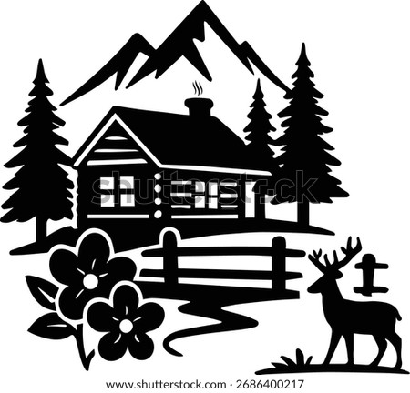 Deer Mountain House Scene | Rustic Cabin Forest Wildlife Silhouette Cut File | Buck reindeer Clipart