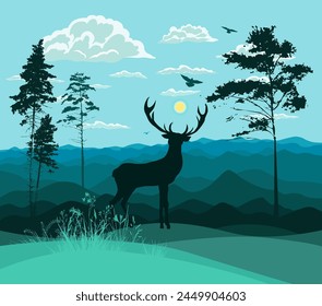 Deer and mountain landscape. Silhouette of animal, trees, grass. Magical misty landscape, fog. Blue and gray illustration. Bookmark. hand drawing. Not A Vector illustration