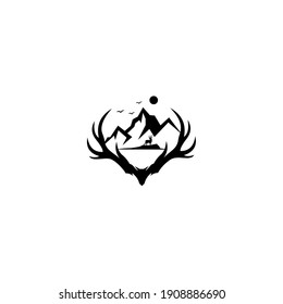 deer mountain logo with mountain on deer antlers. adventure community logo, outdoor apparel company logo, badge, sticker design