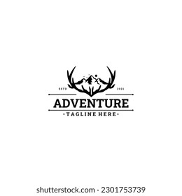 deer mountain logo with mountain on deer antlers. adventure community logo, outdoor apparel company logo, badge, sticker design