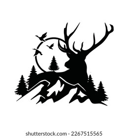 Deer mountain logo silhouette. Deer hunting logo. Hunting season, hunting shirt design