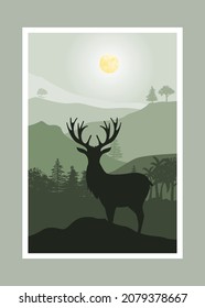 Pintura de ciervos y montañas, fondo abstracto, paisaje