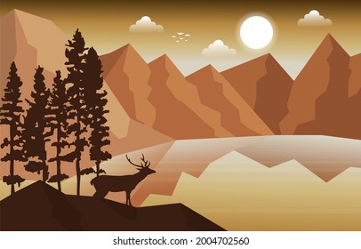 Deer in Mountain with Pine Trees Nature Landscape Adventure