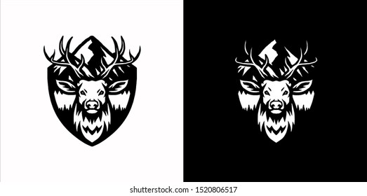 Deer with mountains illustrations, black and white version