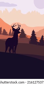 Deer in the mountains with spruce forest landscape vector illustration