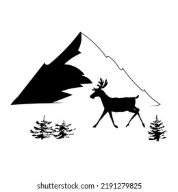 Deer and mountains. Vector black silhouette.