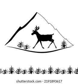 Deer and mountains. Vector black silhouette.