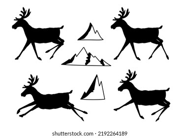 Deer and mountains. Vector black silhouette. Tatoo of elk.