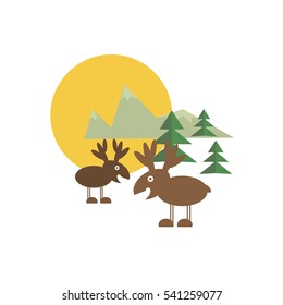 Deer in a national park, fur tree, sun, mountains. Vector sign  flat background