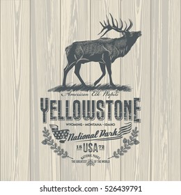 Deer, national Park Yellowstone, illustration, vector, on wooden background