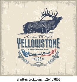 Deer, national Park Yellowstone, illustration, vector, vintage