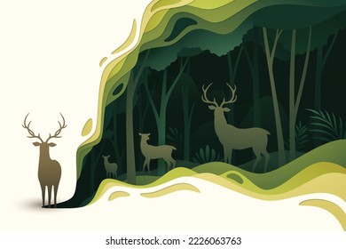 Deer in natural forest layered shape wavy background in paper cut style