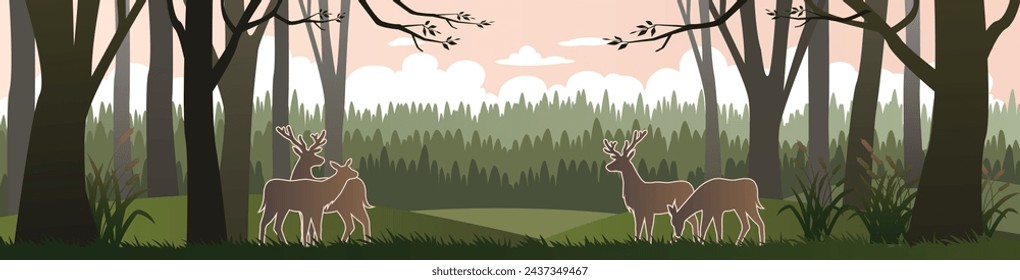 Deer with a natural and mountain with color Gradation, Vector illustration