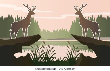 Deer with a natural and mountain with color Gradation, Vector illustration