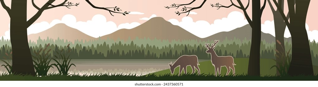 Deer with a natural and mountain with color Gradation, Vector illustration