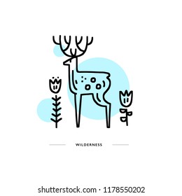 Deer in the nature. Camping theme. Doodle style composition made in vector. 