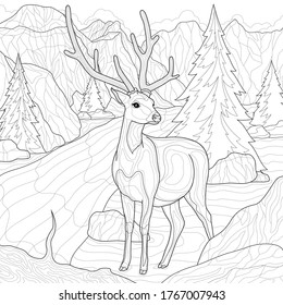 
Deer and nature. Mountains, river and spruce.Coloring book antistress for children and adults. Illustration isolated on white background.Zen-tangle style.