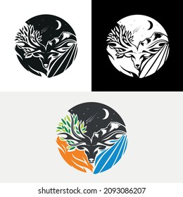 Logotipo de agua de incendio eólico nocturno de la naturaleza del ciervo
