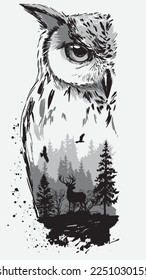 Deer and nature on the background of an owl