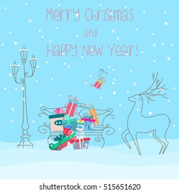Deer near bench full of presents gifts. Happy new year 2017 greeting card or poster design. Christmas illustration