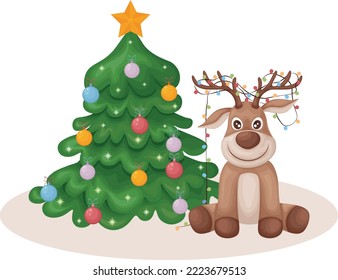 Deer near the Christmas tree. Christmas illustration with the image of a cute deer sitting near a decorated Christmas tree. A deer with garlands on its horns. Vector illustration